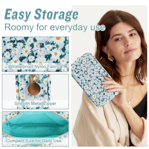 Nylon Small Floral Makeup Bag for Purse, Cute Preppy Makeup Bag Flower Cosmetic Zipper Pouch Purse, Waterproof Portable Travel Toiletry Makeup Brush Coin Pouch Organizer Storage for Women(Green-Daisy) - color: Green-Daisy, size: Small
