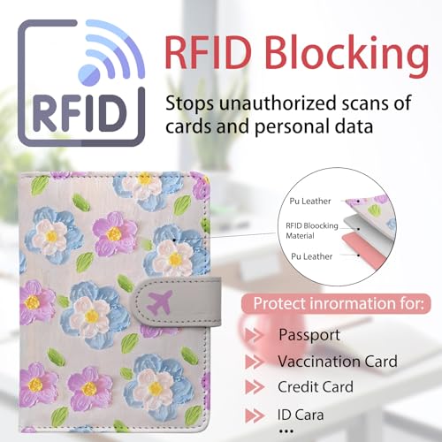 Passport Holder, Travel Wallet Cover with Pen Loop | Cute RFID Blocking Leather Case with Magnetic Closure for Travel Essentials-Flower - color: E-Texture