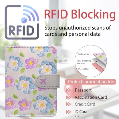 Passport Holder, Travel Wallet Cover with Pen Loop | Cute RFID Blocking Leather Case with Magnetic Closure for Travel Essentials-Flower - color: E-Texture