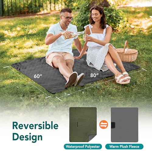 SUN CUBE Large Waterproof Camping Blanket, Fleece Quilted Stadium Blanket for Cold Weather, Windproof Foldable Outdoor Blanket Mat for Picnic, Beach, Pets, Car, 60x80in - color: Olive Green/Grey Fleece