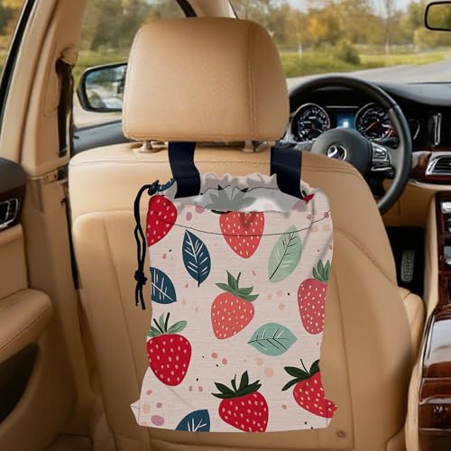 Cartoon Strawberry Car Garbage Bag, Small Car Trash Bag Hanging,Drawstring Car Garbage Bag with Adjustable Buckle for Car Back Seat,SUVs,Camping,Road Trips - color: Cartoon Strawberry