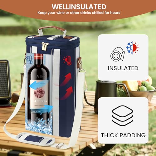 BLUBYEES 2-Bottle Insulated Wine Carrier Tote - Leakproof Padded 900D Oxford Wine Cooler Bag for Travel, Picnics, Beach & Parties - Ideal Wine Gift for Wine Lovers - color: Prussian Blue