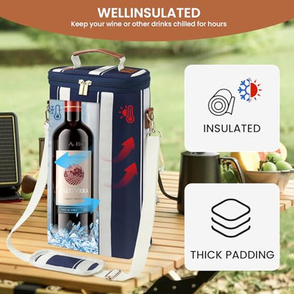 BLUBYEES 2-Bottle Insulated Wine Carrier Tote - Leakproof Padded 900D Oxford Wine Cooler Bag for Travel, Picnics, Beach & Parties - Ideal Wine Gift for Wine Lovers - color: Prussian Blue