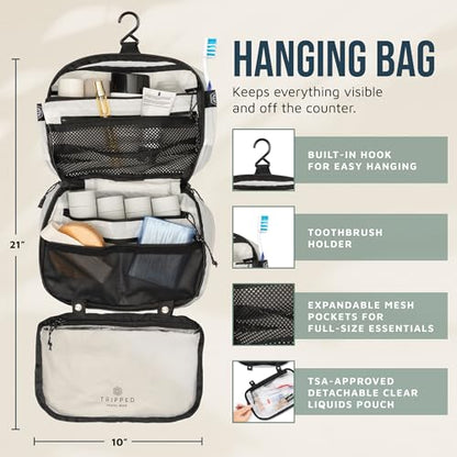 Toiletry Bag Kit 3 Piece Set: Hanging Travel Toiletry Bag + 311 TSA Cosmetic Liquid Bag + Accessory Organizer Pouch - color: White Ripstop