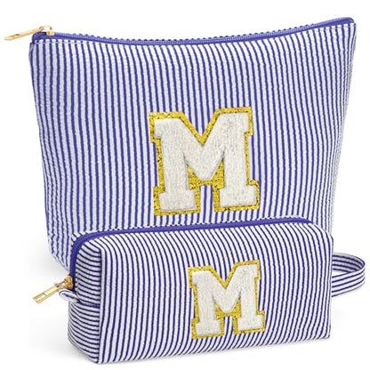 Initial Cosmetic Bag Set - Travel Bag Makeup Pouch, Makeup Bag with Zipper Make up Kit Preppy Stuff Birthday Gifts for Women Travel Essentials Travel Bag, Blue Letter M - color: Blue, style: M