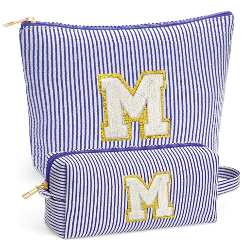 Initial Cosmetic Bag Set - Travel Bag Makeup Pouch, Makeup Bag with Zipper Make up Kit Preppy Stuff Birthday Gifts for Women Travel Essentials Travel Bag, Blue Letter M - color: Blue, style: M