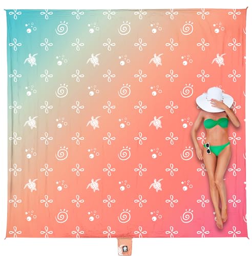 WEKAPO Beach Blanket Waterproof Sandproof Oversized Extra Large Sand Free Beach Mat with Stakes, Storage Bag - Essentials for Outdoor Beach, Picnic - color: Gradient Coral Small Sea Turtle, size: 11 X 9 FT (1~10 Person)