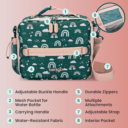 Bentgo Kids Lunch Bag - Durable, Double-Insulated Lunch Bag for Kids 3+; Holds Lunch Box, Water Bottle, & Snacks; Easy-Clean Water-Resistant Fabric & Multiple Zippered Pockets (Green Rainbow) - color: Green Rainbow