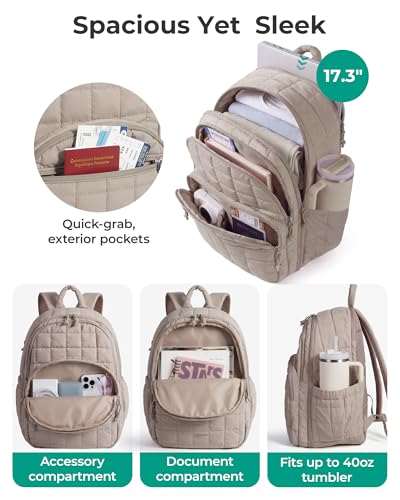 BAGSMART College Laptop Backpack, Travel Backpack for Women, Quilted Airline Approved Carry On Backpack Fits 17.3 Inch Laptop, Personal Item Travel Bag, Chocolate - color: Coffee Brown, size: Large 17.3 Inch