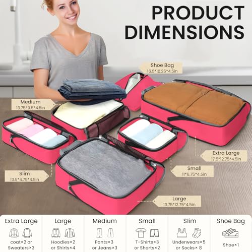 BAGAIL 4 Set/6 Set/8 Set Compression Packing Cubes Travel Accessories Expandable Packing Organizers (Half Mesh, 6-Fuchsia) - color: 6-Fuchsia, style: Half Mesh