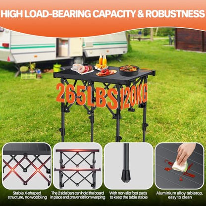 FUNYKICH Folding Camping Table(L19.9''xW16.1''), Aluminum Roll-up Portable Picnic Table with 2 Adjustable Height(17.3'' & 27.6'') for Picnic, Camping, BBQ, Party, Backyard, Beach - size: 19.9''L x 16''W x (28''/17.3'')H