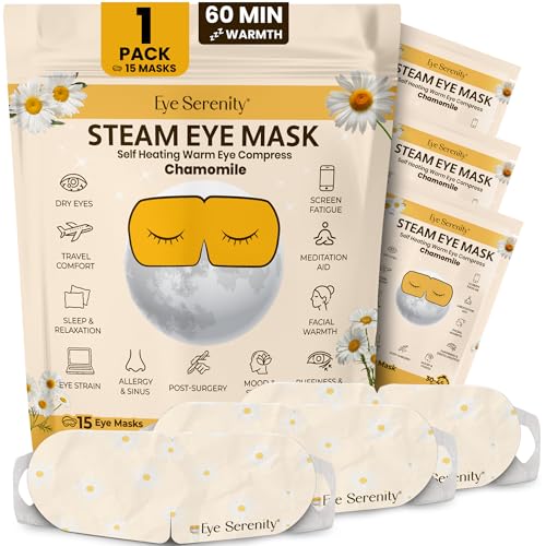 Eye Serenity Steam Eye Mask, Heated Eye Mask, Self Heating Warm Compress for Dry Eyes, Fast Relief for Stye, Puffy Sensitive Eyes, Moist Heat, Relaxation Gifts for Women and Men - Chamomile - color: Chamomile 15 Pack, size: 15 Eye Masks