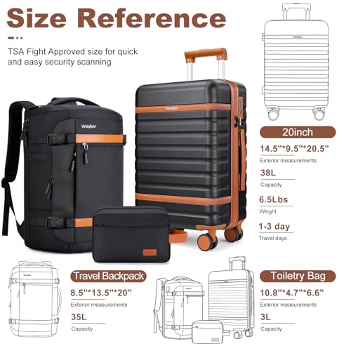 Luggage Sets 3 Piece with Spinner Wheels, Lightweight PC Hardside Suitcase with TSA Lock & YKK Zippers, 20 Inch Carry On Luggage with Travel Bag for Men and Women, Black - color: Black, size: 3 Piece Set (20inch)