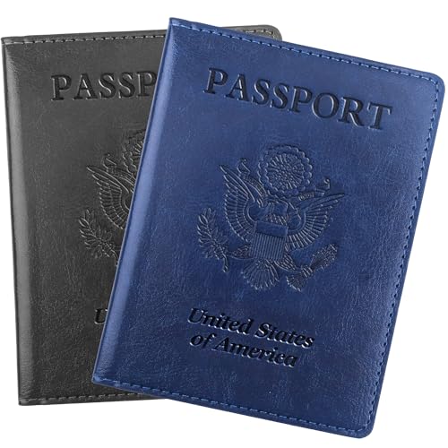 Passport Holder for Travel Men Women - 2 Pack Passport Cover, Passport Wallet Case Travel Essentials Travel Must Haves Accessories Blocking Leather Card Slot Protector for Stocking Stuffers Gifts - color: 2 Pack - Black+Navy Blue