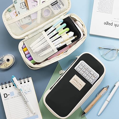 MAMUNU Expandable Pencil case with compartments, Large Capacity Pencil Cases Pencil Bag Pouch Office School, Portable Pencil Case Large School Stationery Organizer, Makeup Cosmetic Bag (Black) - color: Black