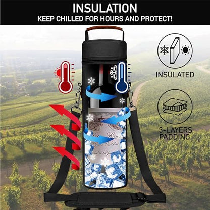 opux Wine Bag Single Bottle Carrier Tote, Insulated Wine Cooler Bag for Travel Picnic Beach with Shoulder Strap, Thermal One Bottle Holder Carrying Case Wine Gift for Women Men, Black - color: Black