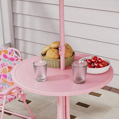 Qaba Kids Picnic Table and Chair Set, Outdoor Activity Table with Foldable Chairs, Removable Umbrella, Butterfly Pattern Toddler Patio Furniture for Backyard, Garden, Pink
