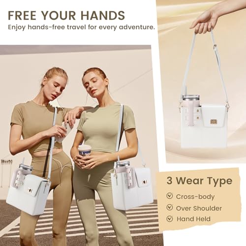 Outdoor Portable Crossbody Water Cup Purse Bag Water Bottle Carrier Bag with Phone Pocket Tumbler Carrier with Strap - color: White