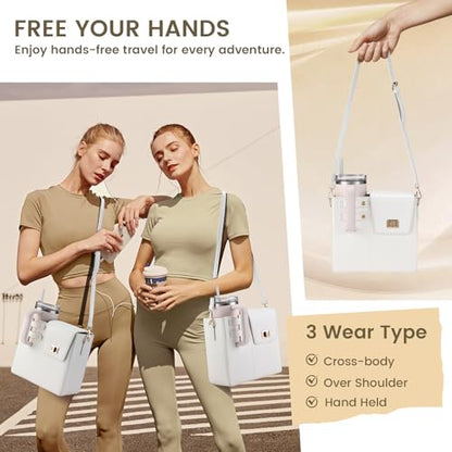 Outdoor Portable Crossbody Water Cup Purse Bag Water Bottle Carrier Bag with Phone Pocket Tumbler Carrier with Strap - color: White