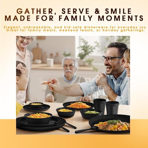40 Piece Plastic Dinnerware Set for 8 with Cutlery, Unbreakable Plates and Bowls Set, Dishwasher & Microwave Safe Reusable Dish Set for Camping, RV, Outdoor Kitchen, Apartment Dining, Black - color: Black