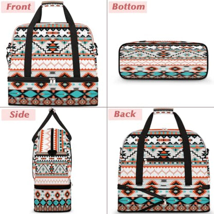 Travel Duffle Bags With Shoes Compartment for Women Men Aztec Western Ethnic Geometric Lightweigh Sports Tote Gym Bag Foldable Canvas Weekender Overnight Carry On Luggage Handle Bag - color: A04:Aztec Western