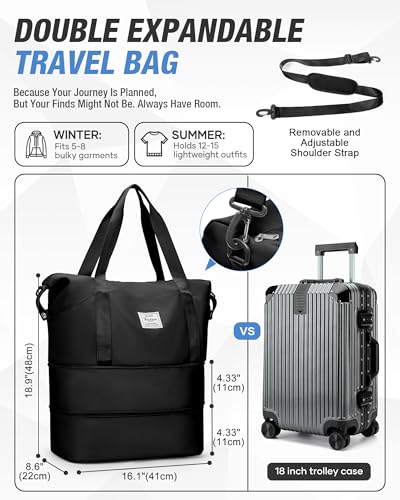 Expandable Travel Duffle Bag for Women Men, Large Gym Bag Travel Tote Bags, Waterproof Carry On Personal Item Bag Airline Approved, Workout Weekender Bag for Overnight Trips with Luggage Sleeve, Black - color: C-Black