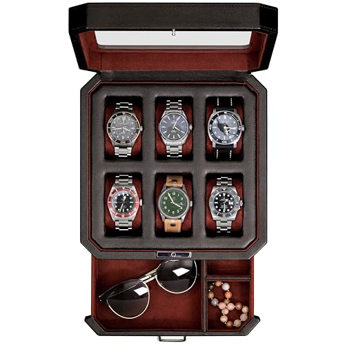 ROTHWELL 6 Slot Leather Watch Box with Valet Drawer - Luxury Watch Case Display Organizer, Microsuede Liner, Locking Mens Jewelry Watches Holder, Men's Storage Boxes Holder Large Glass Top (Black/Red) - color: 6 Slot - Black / Red