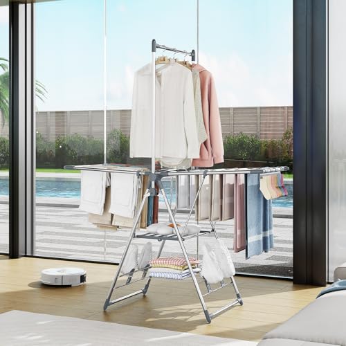 APEXCHASER Clothes Drying Rack with High Hanger, Foldable 3-Level Drying Racks with Shoe Rack, Crossbar and Vertical Rod Laundry Stand with Adjustable Wings Grey - color: Gray, size: 2 Wings