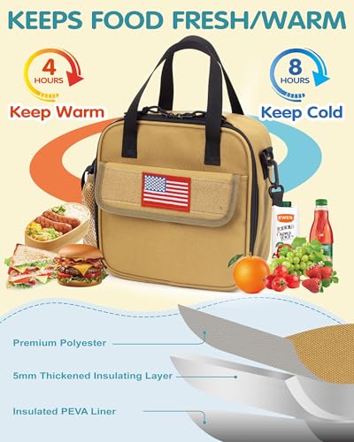 Tactical-style Lunch Bag 5L Kids Lunch Bag with Adjustable Shoulder Strap Easy to Clean Leakproof Wipeable liner Toddler Lunch Box Bag for Boys Girls School and Daycare - color: Brown