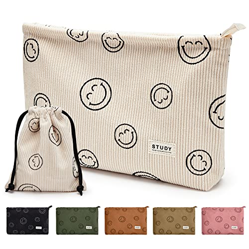 WLLWOO Makeup Bag-2pcs Smile Face Corduroy Cosmetic Bag Zipper Interior Waterproof Pencil Case Coin Purse Travel Toiletry Small Makeup Pouch For Women - color: Off white