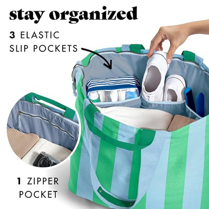 Fit & Fresh XL Beach Tote Bag for Women – XL Travel Tote with Zipper & Pockets, Oversized Canvas Pool Bag, Weekender Carry-On - color: Blue & Green Stripe
