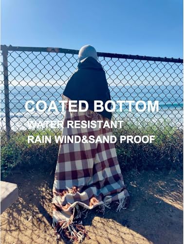 Picnic Blanket Extra Large Waterproof with Strap 59"x79" - Machine Washable Tassels Faux Wool Cashmere for Park, Grass, Camping, Hiking, Concerts (Latte with white shoulder strap, 59"X79") - color: Latte With White Shoulder Strap