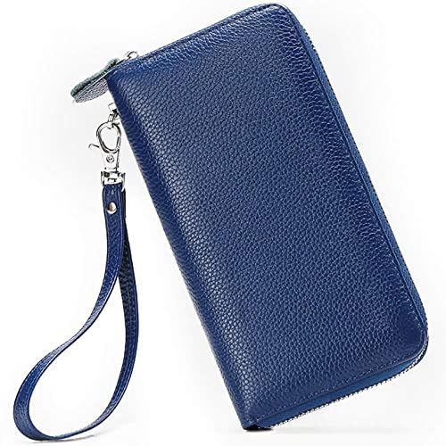 Moflycom Womens Wallet RFID Blocking Genuine Leather Zip Around Wallet Clutch Wristlet Travel Long Purse for Women - color: Blue