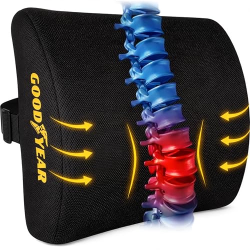 Goodyear Ergonomic Lumbar Support Pillow for Office Chair, Gaming Chair, or Car, Memory Foam Cushion with Ventilated Mesh and Adjustable Strap for Long Lasting Comfort