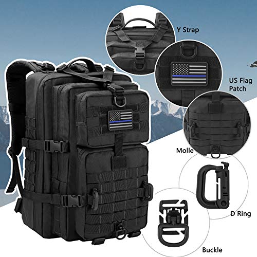 Hannibal Tactical MOLLE Assault Backpack, Tactical Backpack Military Army Camping Rucksack, 3-Day Pack Trip w/USA Flag Patch, D-Rings, Black - color: Black