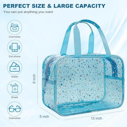 Clear Blue Star Large Makeup Bag with Star Pattern 12x5x8 inch, Travel Cosmetic Bag with Handle, Durable PVC Material Washbag Zipper Opening Design for Makeup Travel Organizer or Gym Use - color: Blue, style: Star