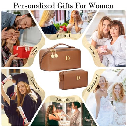 Birthday Gifts for Women Teen Girl, Personalized Initial Makeup Organizer Bag Set, Open Flat Travel Cosmetic Bag With Clear Divider and Handle(Brown,D) - color: Brown, style: D