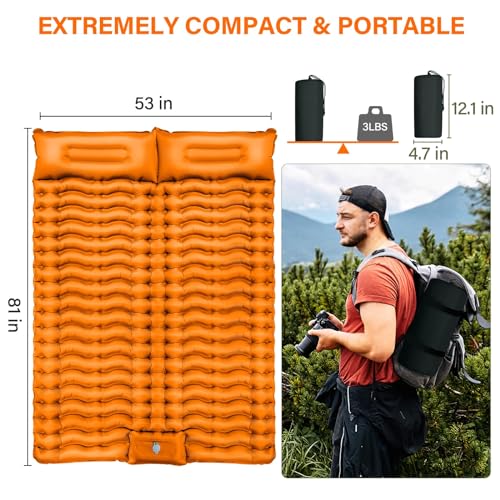 Yuzonc Double Sleeping Pad for Camping, 4" Extra Thick Self-Inflating Air Mattress - 2 Person Inflatable Camping Mat with Built-in Foot Pump & Pillow, Backpacking Hiking Tent Travel-Orange - color: Orange-1
