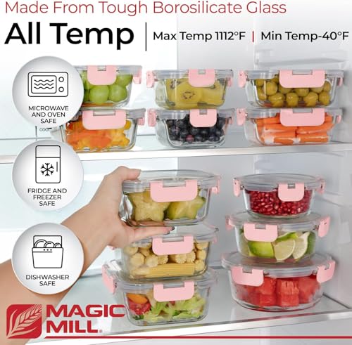 Magic Mill Premium Borosilicate Glass Food Storage Containers with lids Set | 24pc Sets with 12 Bowls & 12 Airtight Locking Lids for Lunch & Meal Prep, Safe for Oven, Freezer, Dishwasher, BPA-Free - color: Pink