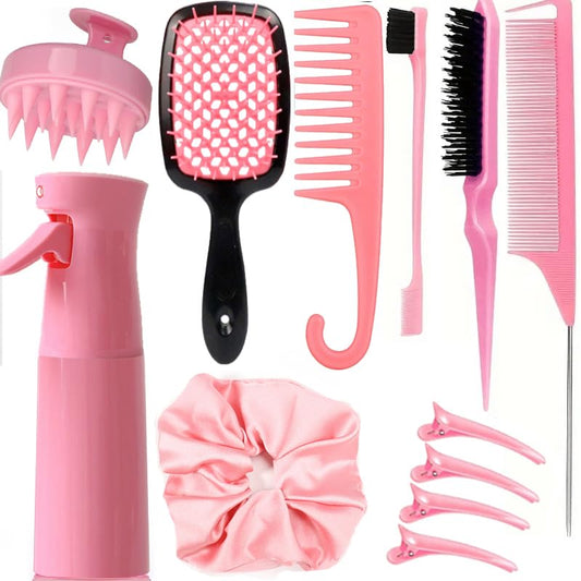 12 Pcs Hair Brush Set with Hair Spray Bottle for Toddlers, Women, Detangling Brush for Wet Dry Curly Hair, Edge Bristles Wide Tooth Rat Tail Combs for Baby Girls (pink) - color: Pink
