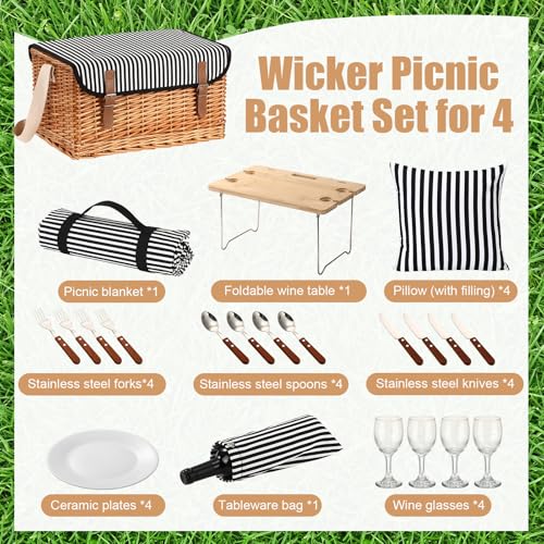 Sawysine Wicker Picnic Basket with Throw Pillow Set for 4, Multifunctional Hamper Gift Set with Blanket, Bamboo Wine Snack Table & Tablewares, Portable Outdoor Combo for Camping, Party & Gifting