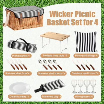 Sawysine Wicker Picnic Basket with Throw Pillow Set for 4, Multifunctional Hamper Gift Set with Blanket, Bamboo Wine Snack Table & Tablewares, Portable Outdoor Combo for Camping, Party & Gifting