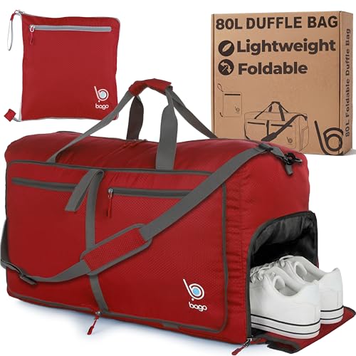 Bago Large Duffle Bag for Travel Women & Men. Durable Lightweight Foldable Travel Duffel Bags For Traveling Women. 80L Duffle Bags For Overnight Bag With Shoe Compartment Collapsible Weekender duffel - color: Red, size: 80L