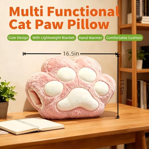 RYOLOY Cat Paw Warm Hand Pillow,with 66 * 35Inch Travel Blanket,2 in 1 Travel Pillow and Blanket Set,for Car Office Camping Essentials (Pink) - color: Pink