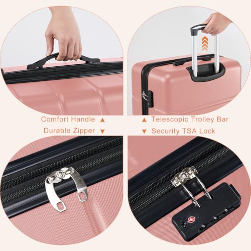 Sweetcrispy 28 Inch Checked Luggage, ABS Lightweight Rolling Hard Shell Suitcase with Smooth Spinner Wheels, Built-in TSA Lock, Durable Travel Suitcase for Business and Vacation Trip, Pink - color: Pink, size: 28 Inch