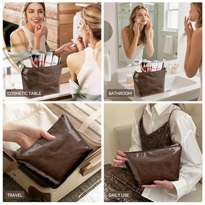 WLLWOO PVC Waterproof Makeup Bag Kraft Paper Cosmetic Bag Travel Toiletry Zipper Pouch Organizer for Women Purse - color: PVC-Coffee