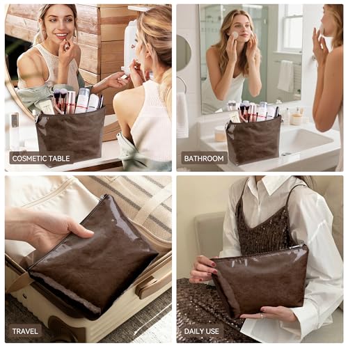 WLLWOO PVC Waterproof Makeup Bag Kraft Paper Cosmetic Bag Travel Toiletry Zipper Pouch Organizer for Women Purse - color: PVC-Coffee