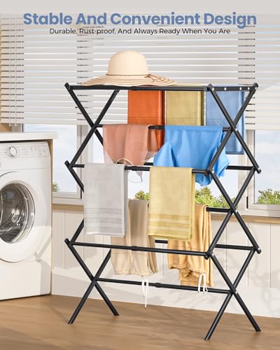 APEXCHASER Oversize Clothes Drying Rack, 3-Tier Drying Rack Clothing, Expandable Metal Laundry Drying Rack, Air Drying Rack, Clothes Rack, No install, 24lb Capacity, 14.9" D x 29.3" W x 39.3" H, Black - color: Black