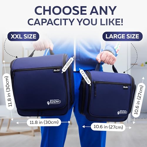 Extra Large (11.8”x11.8”x4”) Hanging Travel Toiletry Bag for Men and Women - Cosmetic Travel Bag With Shoulder Strap - Waterproof Hygiene Bag with Metal Swivel Hook and 19 Compartments for Toiletries - color: XXL Navy Blue