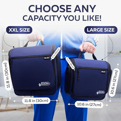 Extra Large (11.8”x11.8”x4”) Hanging Travel Toiletry Bag for Men and Women - Cosmetic Travel Bag With Shoulder Strap - Waterproof Hygiene Bag with Metal Swivel Hook and 19 Compartments for Toiletries - color: XXL Navy Blue